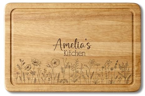 Personalised Solid Wood Chopping Board 30 x 20 cm – Custom Laser Engraved Kitchen Gift - Wildflower Meadow Design