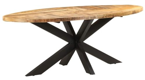 KPWENFBSL Ovaler Esstisch 200x100x75 cm aus rauem Mangoholz - Großer Massivholztisch mit Stahlbeinen für Küche und Esszimmer - Stabiler Design Holztisch für Familie und Freunde