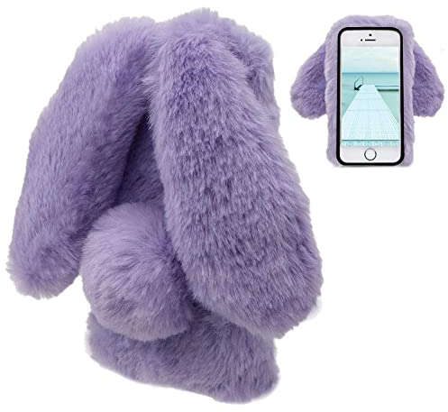 LCHDA iPhone 6S Plus Rabbit Case,iPhone 6 Plus Rabbit Fur Case Bunny Ear Phone Case For Girls Fuzzy Cute Warm Winter Soft Furry Fluffy Ball Fur Hair Plush Protective Cover With Screen Protector-Purple