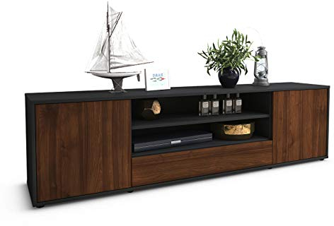 Stil.Zeit TV Schrank Lowboard Claudius, Korpus anthrazit matt, Front Holz-Design Walnuss (180x49x35cm), mit Push-to-Open Technik & Leichtlaufschienen