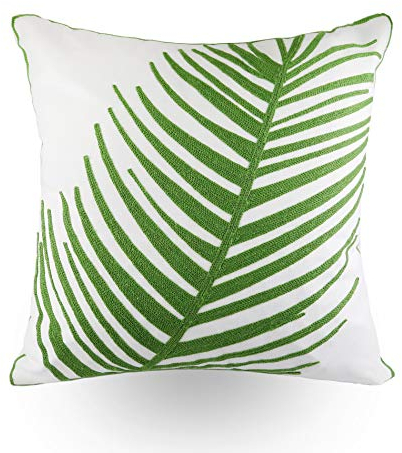 Hodeco Stickerei-Kissenbezug, 45 x 45 cm, dekoratives Bodenkissen für Couch, 100 % Baumwolle, tropisches grünes Palmblatt, bestickter Kissenbezug, 45 x 45 cm, 1 Stück