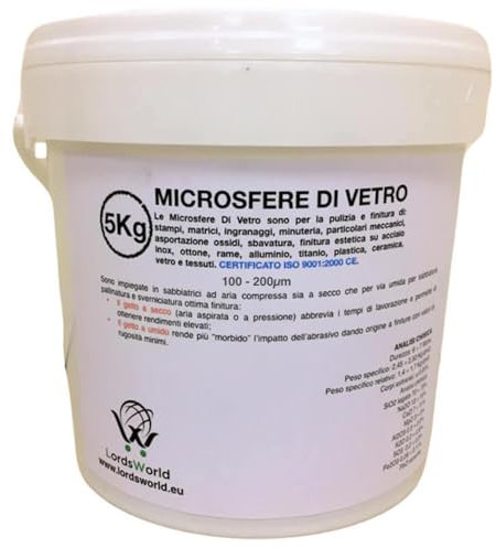 LordsWorld - Sabbia Microsfere di Vetro per Sabbiatrice, 6-7 Mohs, Riutilizzabili 6-7 Volte. Sabbia per Sabbiatrice, Alluminio, Legno, Carrozzerie, Vespa, Edile e Sverniciatore (5Kg, 100-200 Micron)