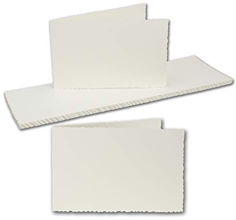 150x Vintage Falt-Karten mit Zackenschnitt Querformat - Natur-Weiß - Edel-Bütten - DIN A6-10 x 15 cm - imitierter Büttenrand - Doppel-Karten - Querdoppelt