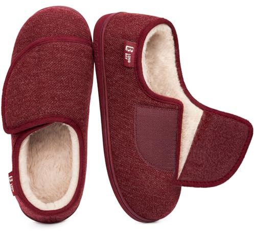 LongBay Women's Wide Fit Slippers Comfy and Cozy Memory Foam Indoor House Shoes for Diabetic Arthritis and Edema Wine Red,4