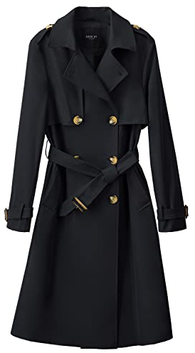 Orolay Damen Übergangsmantel 3/4 Länge Doppelreihiger Trenchcoat Revers Jacke mit Gürtel - Eleganter Mantel Schwarz XL