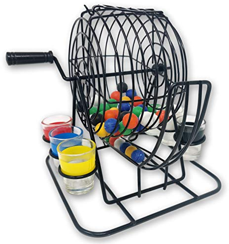 EKNA® Drinking Bingo - Lostrommel mit Kurbel & Halterung - 6 Shot-Gläser & 48 Kugeln - Trinkspiele (Trinkspiel Bingo)