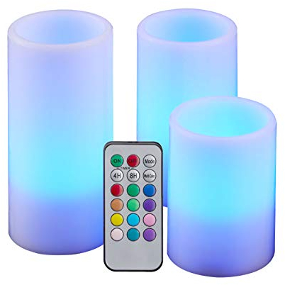 LED Echtwachs Kerzen mit Timer und Fernbedienung - 3er Set - Farbe einstellbar flackernde Kerze Deko Farbwechsel und Funktionen