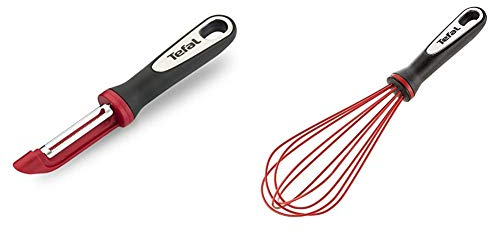 Tefal Ingenio Éplucheur à Peaux Souples à Lame curvée et dentelée en Acier Inoxydable & K2071714 Ingenio Fouet en Silicone Anti-Rayure ustensile de Cuisine Noir et Rouge résistant