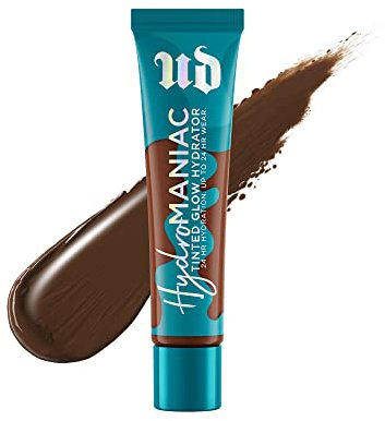 Urban Decay Hydromaniac getönte Feuchtigkeitscreme, 90 Ultra-Deep Warm – 24H Longwear, schwerelose aufbaubare mittlere Abdeckung für gesunde, leuchtende Haut – mit Kombucha-Filtrat & Marula-Öl