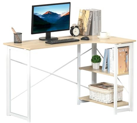 HOMCOM Folding Desk, L Shaped Desk, Corner Computer Desk with 2-Tier Storage Shelf for Home Office, Study Room, Workstation, Easy Assembly, 120 x 72.5 x 76.5cm, Oak Tone