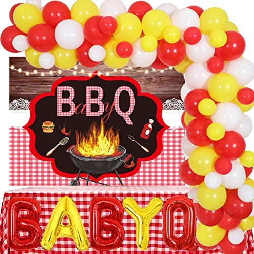 BBQ Baby Shower Decorations - Baby Q Balloon Garland Arch Kit with Backdrop Gingham Tablecloth for Boy or Girl Picnic Barbecue Gender Reveal Party Supplies
