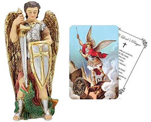 St. Michael Statue mit laminierter Gebetskarte, das Vaterunser | 10,2 cm Erzengel Michael Statue Figur mit goldfarbenen Bronze-Details | katholischer San Miguel Arcangel Estatua mit Box