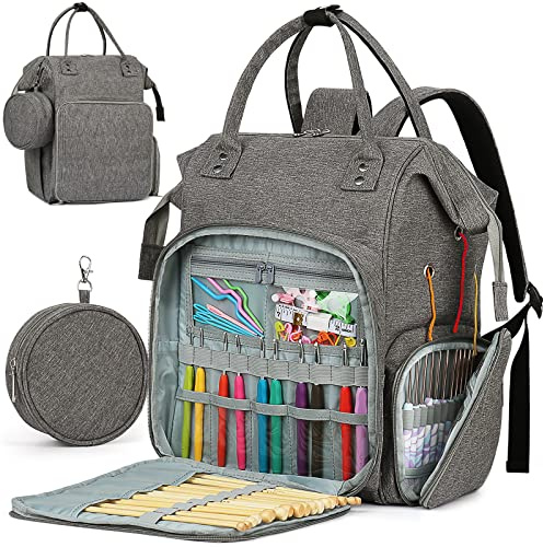 Coopay Multifunktion Stricktasche Rucksack, Reise Häkeltasche mit 6 Garnösen, Große Garnaufbewahrung Organizer Tasche für unfertige Projekte, Häkelnadel, Stricknadeln, Wolle, Strick- und Häkelzubehör