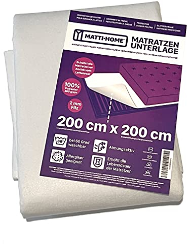 Matti-Home Matratzenunterlage aus Filz für den Lattenrost 200 x 200 cm atmungsaktiver Matratzenschoner aus Nadelfilz 100% Polyester Weiß