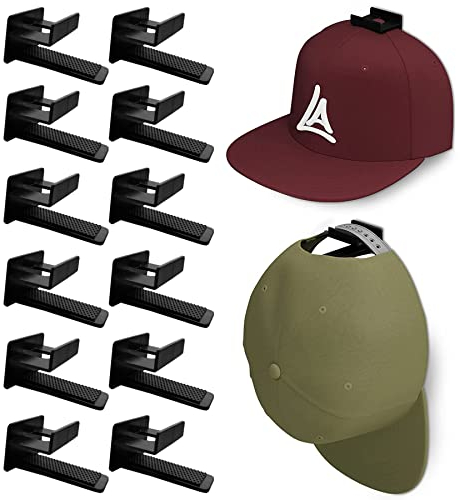 Baoswi Adhesive Hat Rack Display Haken für Wand & Tür (12 Stück) Baseball Cap Halter, Schrank & Aufbewahrungs-Organizer, Starker Kappenaufhänger für Zimmer & Mancave, Ohne Bohren (Schwarz)