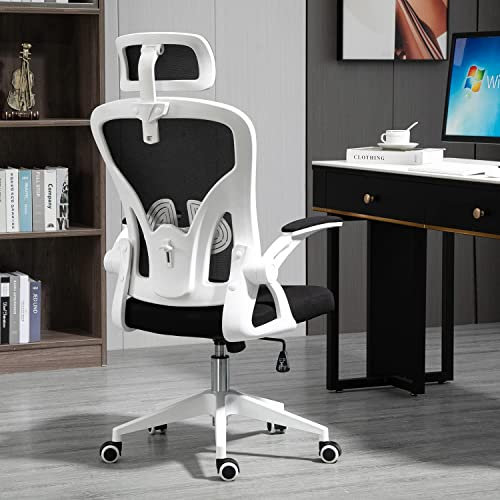Ahua Silla de Oficina ergonómica de Malla, Soporte Lumbar con Brazos abatibles y Ajustable fácil de almacenar, Respaldo de Malla Transpirable cómodo cojín Ruedas silenciosas para