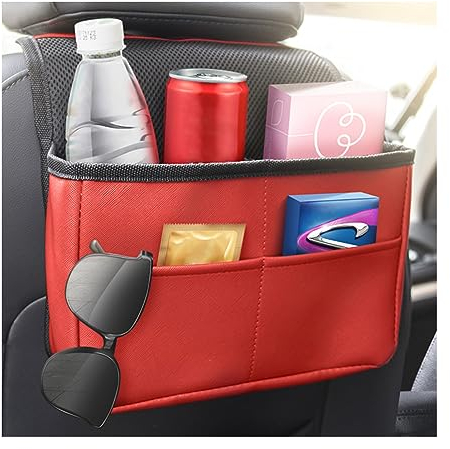 JNNJ Auto KopfstüTze Leder Organizer, PU Material Auto Rücksitz Aufbewahrungstasche, Auto Innenraum Zubehör Multi Staumöglichkeiten Tasche für Telefon Becher(Weinrot)