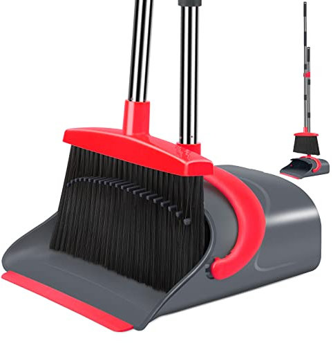 Broom and Dustpan Set, Broom with Dust pan Set, Long Handle Broom and Dustpan Set for Home Kitchen Room Office Lobby Indoor Floor Cleaning, Dust pan and Broom Set(Gray Red)
