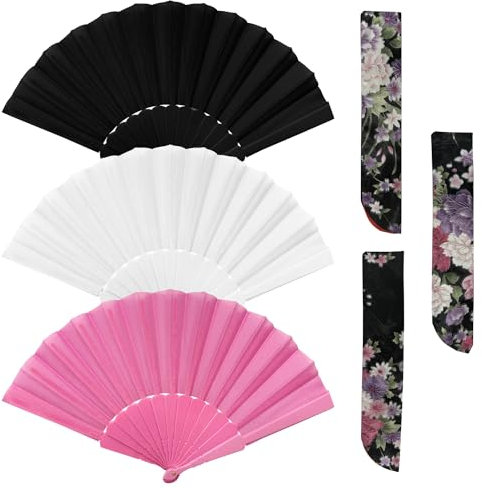MEMOFYND 3 Stück Hand-Faltfächer Und 3 Stück Fächertaschen, Tragbare Handfächer, Kung-Fu-Tai-Chi-Fächer, Geeignet Für Urlaubsparty-Wanddekorationsgeschenke (Weiß/Rosa/Schwarz)