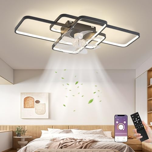 MiiR Deckenventilator Mit Beleuchtung,LED 80W Deckenventilator Mit Fernbedienung Leise Lampe Mit Ventilator Dimmbar 6 Windgeschwindigkeit Deckenleuchte Für Wohnzimmer Schlafzimmer Licht Schwarz 72cm