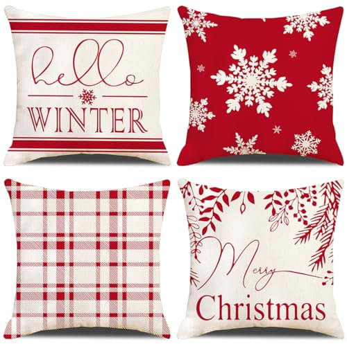 GYISANA 4er Set Dekorativ Kissenbezug Baumwolle Leinen Kissenhülle Dekokissen Sofakissen für Couch, Auto, Schlafzimmer 45x45 cm (Einfach Rot Weihnachten)