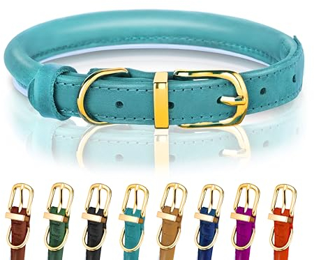 Hundehalsband aus gerolltem Leder - Leder Welpenhalsbänder für kleine Hunde Katzen - Runde Hundehalsbänder für mittelgroße Hunde - Weich Gepolstert (30-38cm, Hellblau)