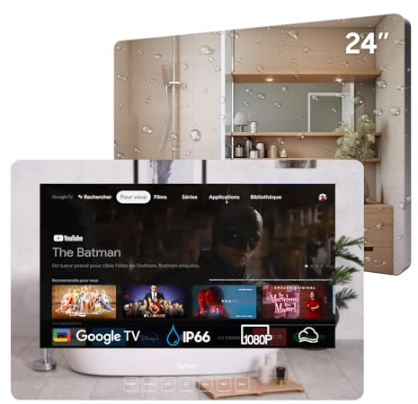 SYLVOX 24 Pollici Specchio TV, Smart Google Television 1080P FHD Mirror Montaggio Parete Design Televisore IP66 impermeabile, DVB-C/T2/S2 | WiFi, Google Assistant, per Doccia, Bagno