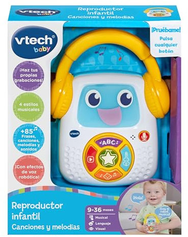 VTech Reproductor Infantil de Canciones y Melodías, con Grabadora de Voz y Luces Interactivas - Juguete Educativo en Español para Niños Pequeños, Control de Volumen y Asa para Llevar (80-607822)