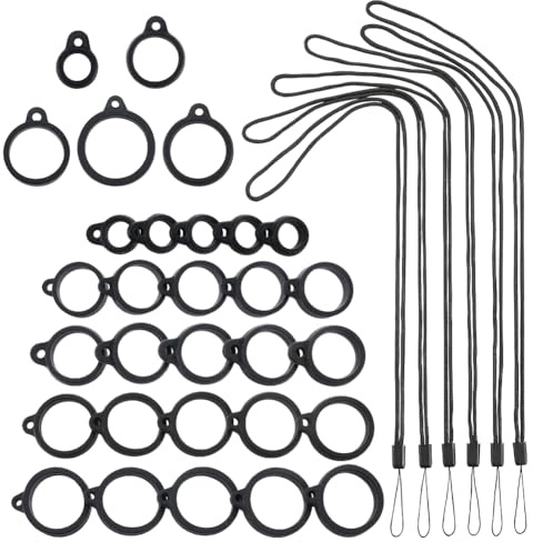 GORGECRAFT 60-Teiliges Anti-Verlust-Halsketten-Lanyard-Set Inklusive 50-Teiligem Silikon-Gummi-Ring 10-Teiligem Gummi-Lanyard-Schnur-Anhänger-Halter Für Stift Büro Schwarz 8mm 13mm 16mm 18mm 20 mm
