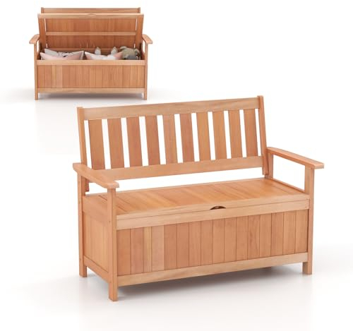 GIANTEX Gartenbank Holz mit Stauraum, Truhenbank mit 129 L Aufbewahrungsbox, 2-Sitzer Sitzbank Massivholz bis 180 kg belastbar, Terrassenbank Outdoor, Garten Holzbank mit Arm- & Rücklehne, 120x66x91cm