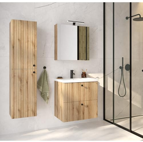 Lomadox Badmöbel Set 3-teilig, 60 cm Waschtisch, Hochschrank, LED Spiegelschrank Eiche