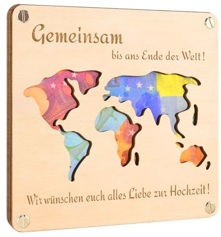 Hochzeitsgeschenke Holz Weltkarte für Brautpaar, Personalisierte Geldgeschenk Verpackung, Originelle Holz Hochzeitskarte, Hochzeit Geschenke Geld (Holzfarbe)