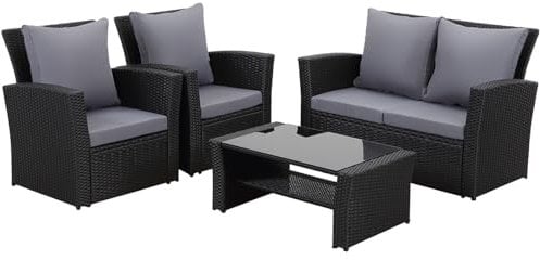 LANOX Poly Rattan Gartenlounge Set Sitzgruppe Garten Balkon Lounge Set Balkonmöbel Set 4-TLG., 2-Sitzer Sofa Sessel Couchtisch Auflagen Kissen Terrassenmöbel Wetterfest für 4 Personen