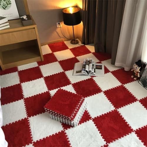 DEACOLIN Puzzle-Plüsch-Schaumstoff-Bodenfliesen, ineinandergreifender Krabbelteppich für Schlafzimmer, Wohnzimmer, Spielzimmer, Kinderzimmer, Schalldämmung, 10 Stück, Rot und Weiß, 10 Stück