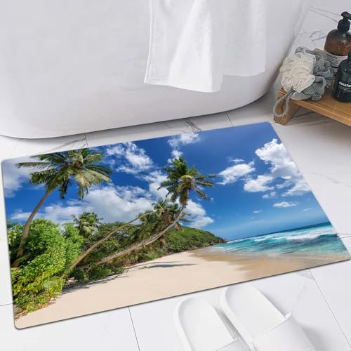 FSDGY Badvorleger Fußmatte Flauschig Teppich Badezimmerteppich Duschmatte für Bade & Wohnzimmer Schlafzimmer,Paradiesischer sonniger Strand mit Palmen und blauem Meer auf der karibischen l.,60x90 cm