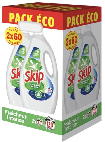 Skip - Lessive Liquide Fraicheur Intense - Action Détachante Efficace - 100% impeccable, éclatant et délicatement parfumé - 2x60 Lavages