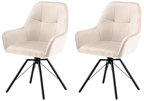 Garvis 2er Set Samt Esszimmerstuhl Drehbar mit Armlehne Drehbar gepolsterte Sitzfläche Metall Beine für Küche Esszimmer Schlafzimmer (Creme)