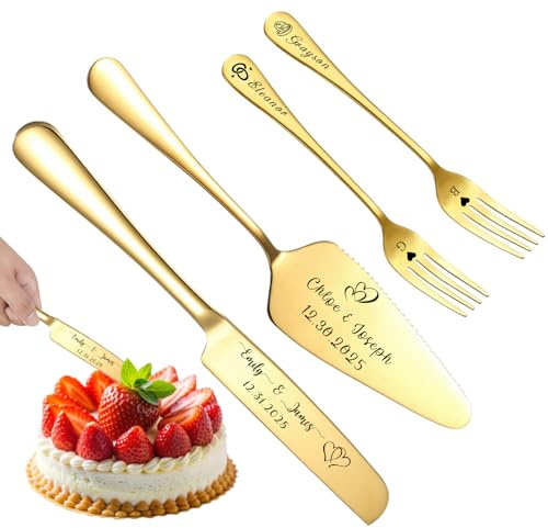 QSZ Ensemble Couteau et Pelle à Gâteau Gravés pour Mariage - Personnalisation avec Vos Noms et Date - Cadeau Personnalisé pour Anniversaire, Saint-Valentin ou Noël (Or)