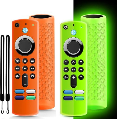 OneBom Silikon-Schutzhülle, kompatibel mit TV-Stick, HD, 3. Generation, 4K-Fernbedienungen, rutschfeste Fernbedienungshülle mit Umhängeband, leuchtet grün und orange, 2 Stück
