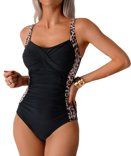 ADUDVLO Womens Swimming Costumes Tummy Control Bathing Suit One Piece Retro Ruched Swimwear with Detachable Breast Pads for Beach Vacation Pool Party (UK, Alpha, XL, Regular, Regular, Black)