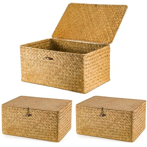SUNNYNEST Storage Boxes with Lids 40x28x19cm Seagrass Storage Basket with Lid Woven Wicker Desktop Basket Gift Hamper for Living Room Decorative Bathroom (3-Caramel)