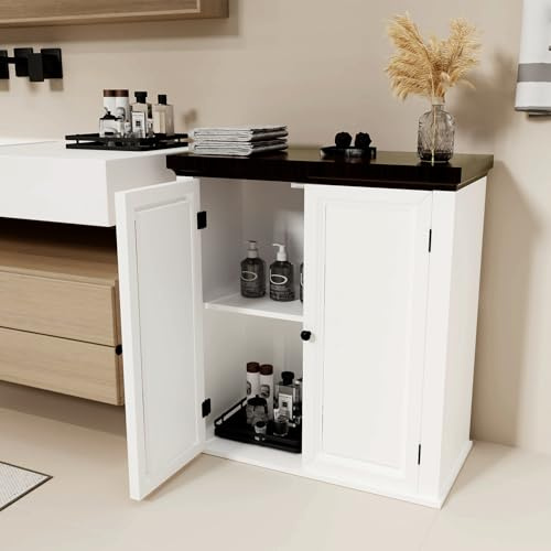 Oyajia Storage Cabinet with Double Doors, 64 x 20 x 62 cm White Cupboard with Adjustable Shelves, Chipboard Wall Unit for Bathroom, Kitchen or Room, Ideal for Homes & Apartments, Max Load 30 kg