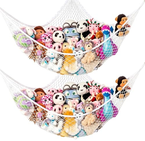 Solvio 2 Pack Stuffed Animal Hammock Kids Corner Toy Storage Net Organizer | Heavy Duty Large Hammock Holds Up 12 LBS, Soft Plush Toy Storage, Easy Install, Neat Kids Bedroom Decor for Stuffed Animals