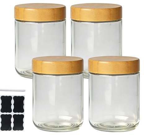 BUCOMTU Tarros de Cristal con Tapa Hermética Rosca, 4 Piezas 480ml Tarros de Cristal con Tapa Hermética, Tarros Cristal Reutilizables, Overnight Oats Jar