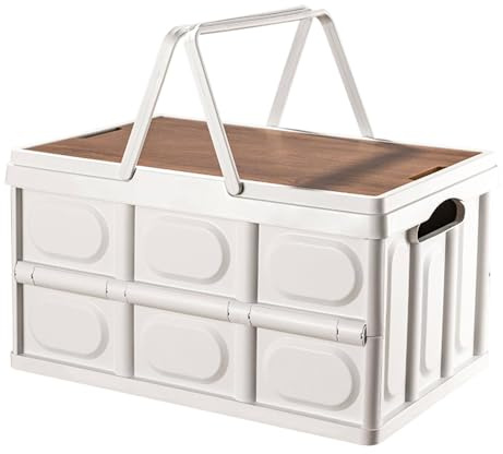 Well Home Caja de almacenamiento plegable color Blanco con tapa imitación madera 42,5x30x24cm