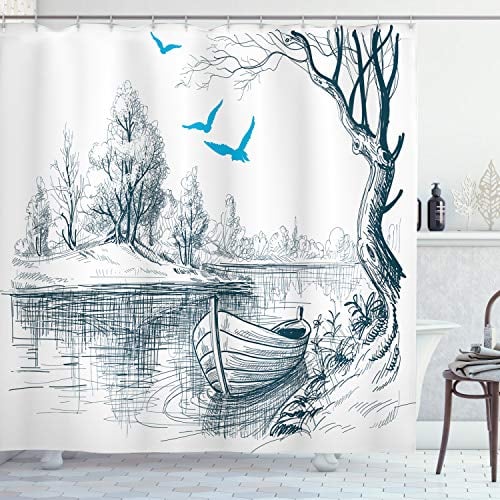 ABAKUHAUS Skizzenhaft Duschvorhang, Boot auf dem Fluss Zeichnung, Stoffliches Gewebe Badezimmerdekorationsset mit Haken, 175 x 240 cm, Weiß Grau Blau