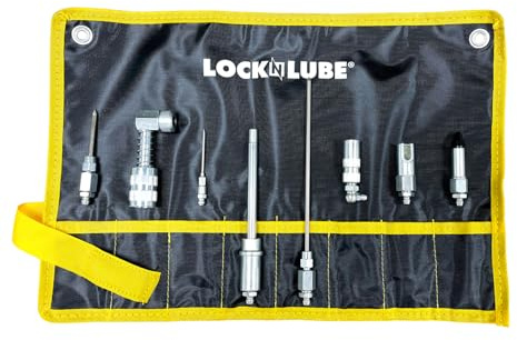LockNLube 8-Piece Quick Connect Greasing Accessory Kit. Complete Grease Fitting Connection kit. Reach Any Grease Fitting on Any Machine. The rip-Stop case Keeps Tools Clean and Portable.