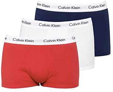 Calvin Klein Men’s 3 Pack Low Rise Trunks, Multicolour (White/Red Ginger/Pyro Blue), XS