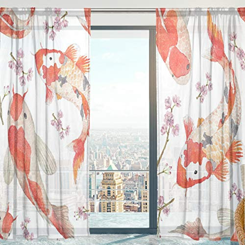 Mnsruu Transparente Gardine, Orientalisches Muster Mit Karpfen Weiche Tüll Voile Vorhänge für Wohnzimmer Schlafzimmer 140 x 198 cm, 2er Set