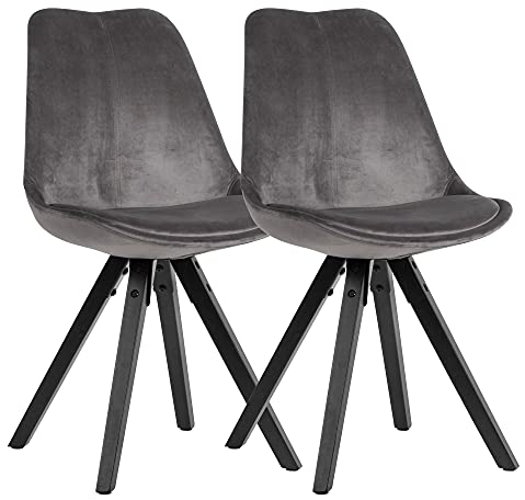 Wohnling Weiches Esszimmerstuhl 2er Set Samt ohne Armlehnen in Dunkelgrau, Küchenstühle Modern mit schwarzen Holzbeinen, Schalenstuhl Stoff Gepolstert 110 kg